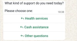 Shows a WhatsApp message with three buttons. Message text: What kind of support do you need? Please choose one: Button 1: Health service Button 2: Cash assistance Button 3: Other questions