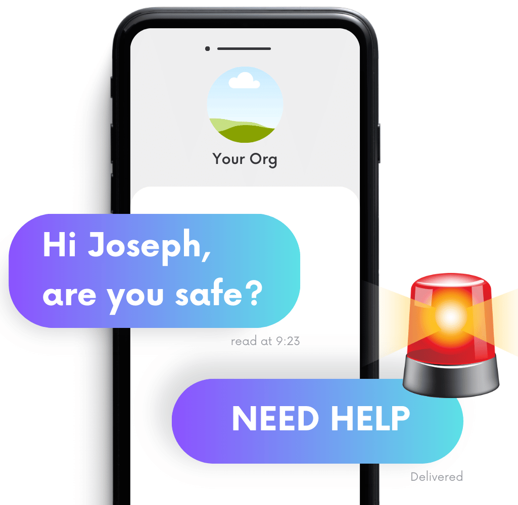 Illustration of mobile phone with two messages: (1) Hi Joseph, are you safe? (2) NEED HELP The second message has a rotating beacon.