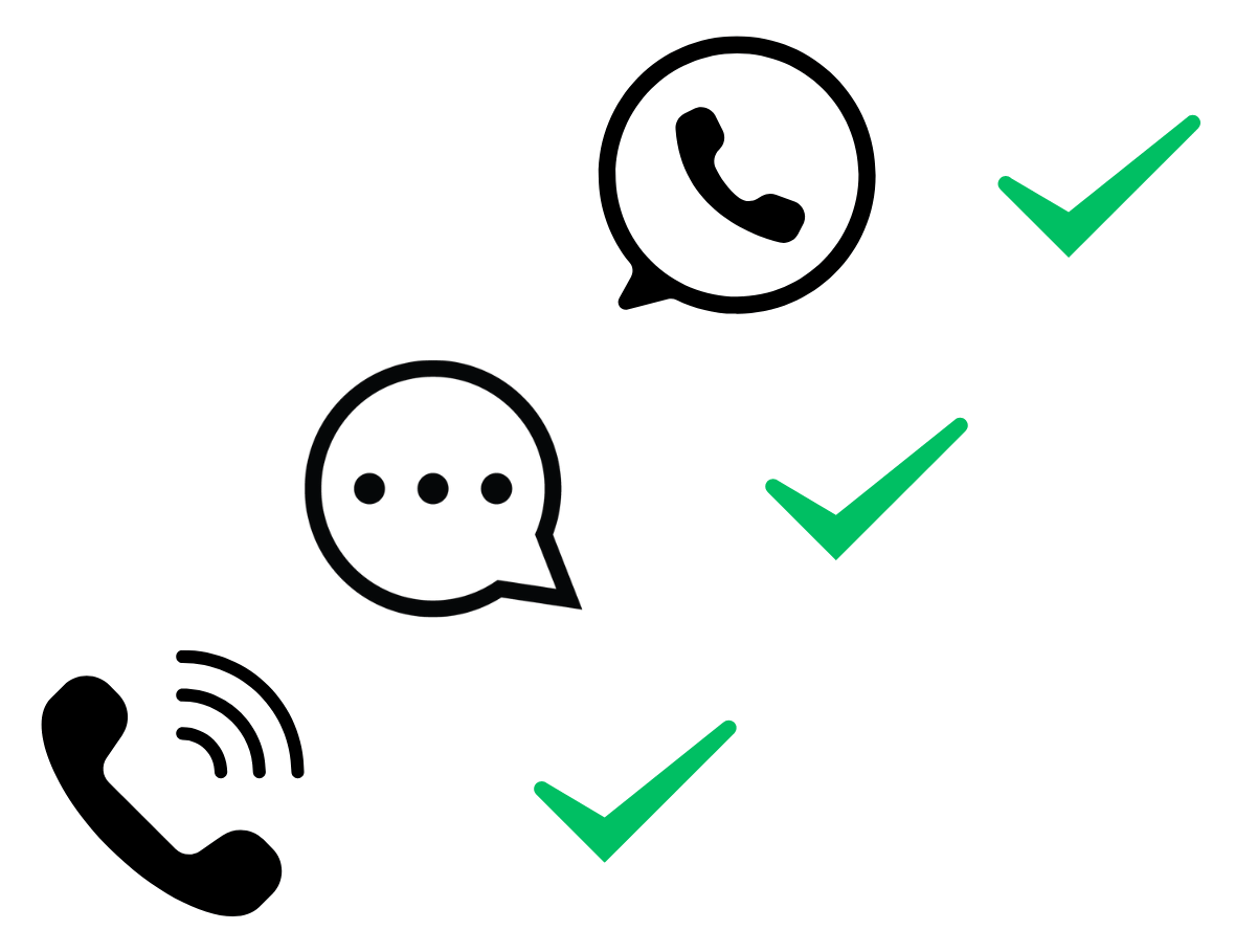 Illustration showing three icons from top right to bottom left:</p>
<p>(1) WhatsApp-denoting icon<br />
(2) SMS icon<br />
(3) Voice call icon</p>
<p>The icons each have a green check mark on the right.